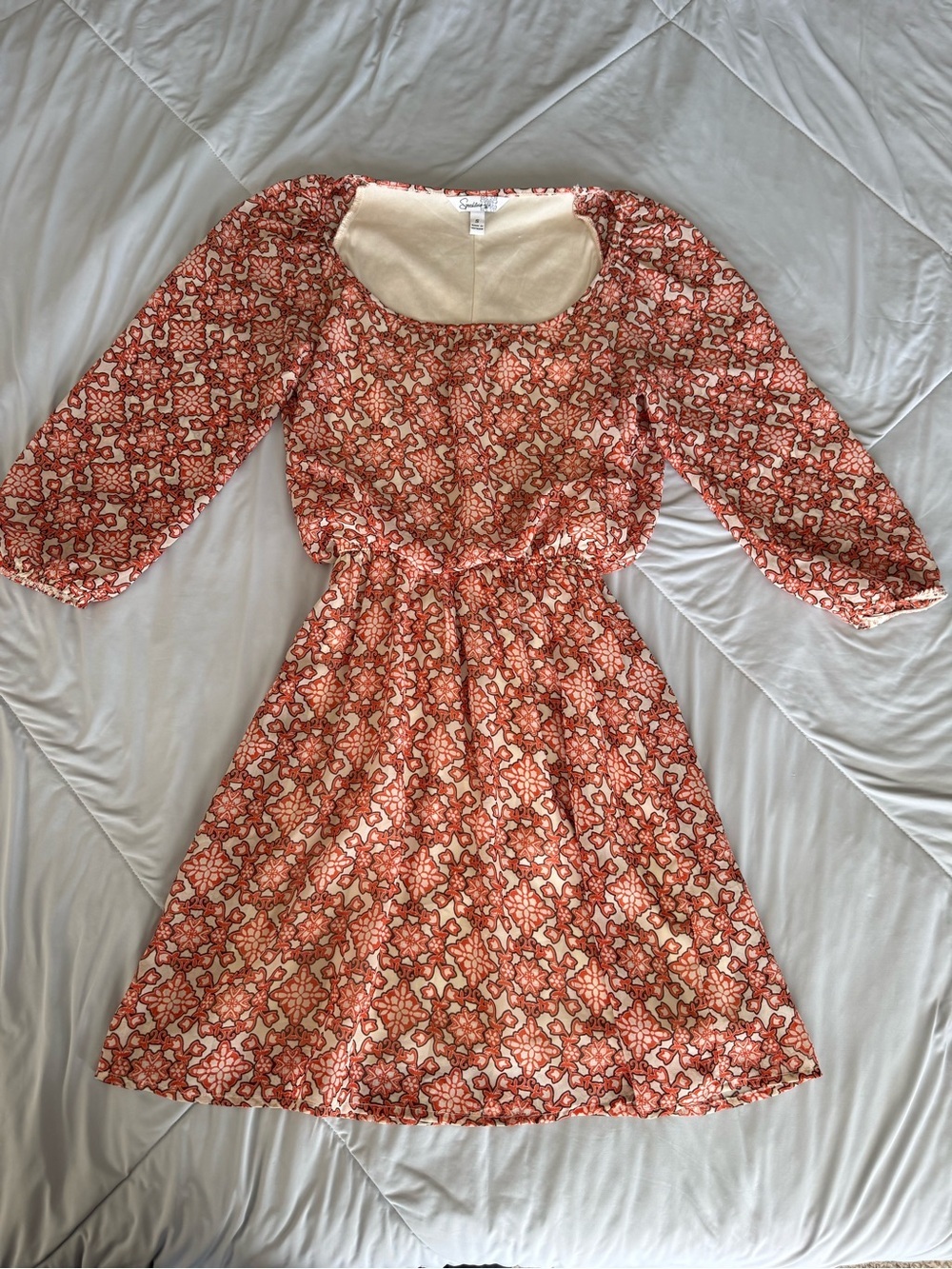 Speechless Coral Orange Patterned Mini Dress Cinch Waist Quarter Sleeve Flowy